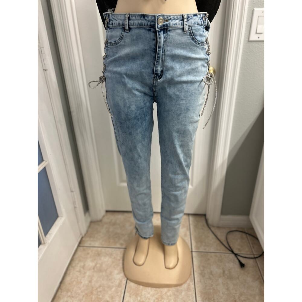 Blue Topic Lace-Up Side Skinny Jeans Women’s Size 28/30 Light Wash